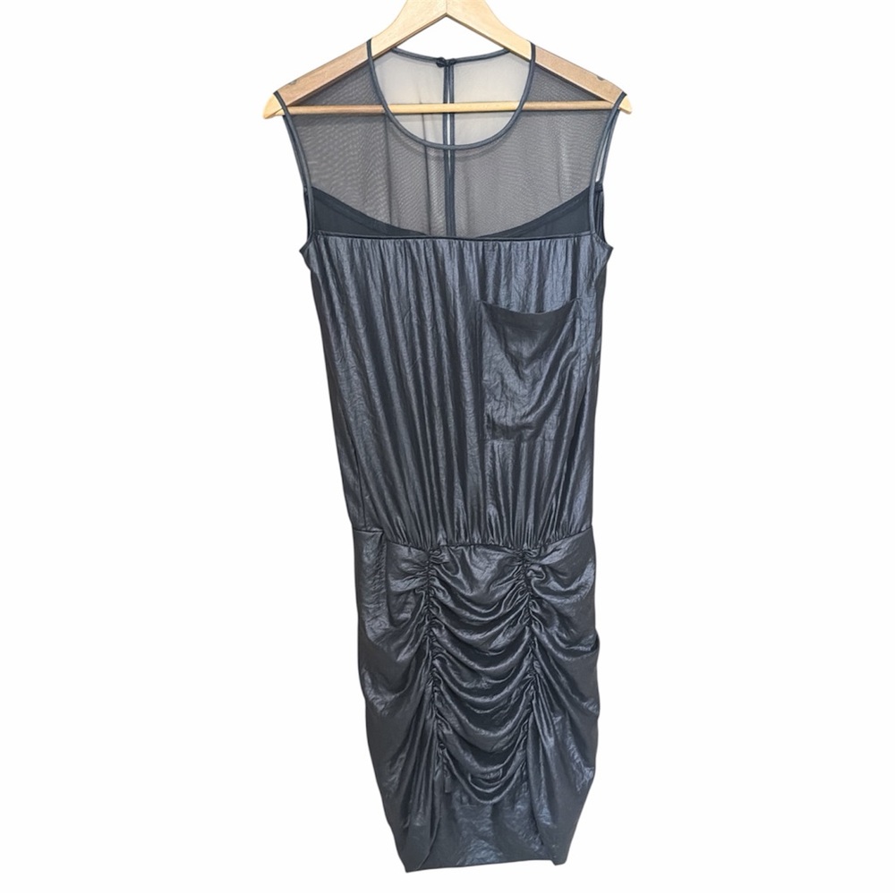 BCBGMaxAzria Bluson Shimmering Black Whimsigoth Mesh+Ruched Midi Dress Size 4